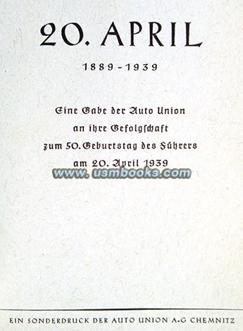 Adolf Hitler 20 April 1889-1939 AUTO UNION