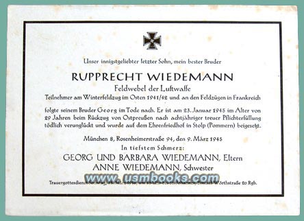 Luftwaffe Feldwebel Rupprecht Wiedemann death announcement
