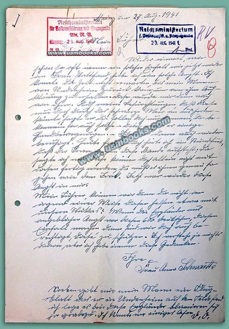 1941 letter to Nazi Propaganda Minister Goebbels