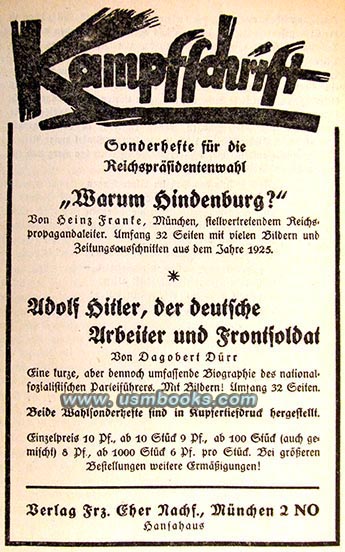 NSDAP Kampfschrift HINDENBURG