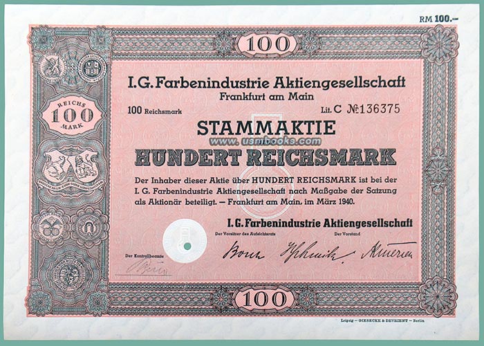 IG Farben corporate share, 100 Reichsmarks