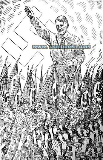Hitler, swastika flags, marching Nazis