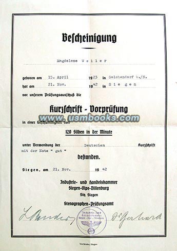 Nazi stenography certification 1942