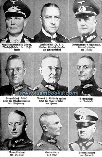 Goering; Raeder; Brauchitsch; Keitel; von Rundstedt; von Manstein; von Bock