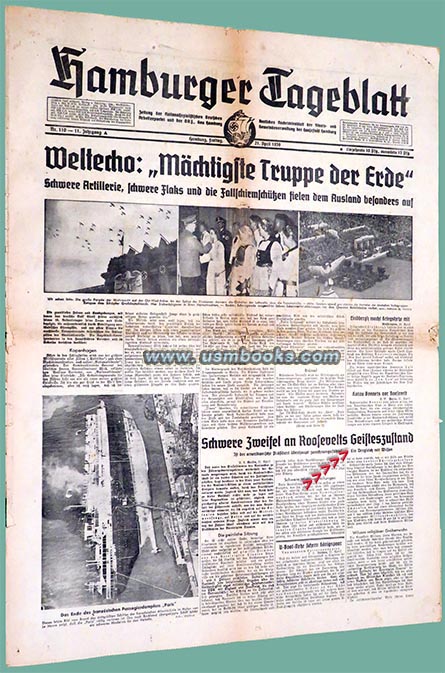 Hamburger Tageblatt, Zeitung der Nationalsozialistischen Deutschen Arbeiterpartei und der DAF Gau Hamburg, 21 April 1939