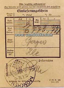Munich Postal Receipt 25 August 1936