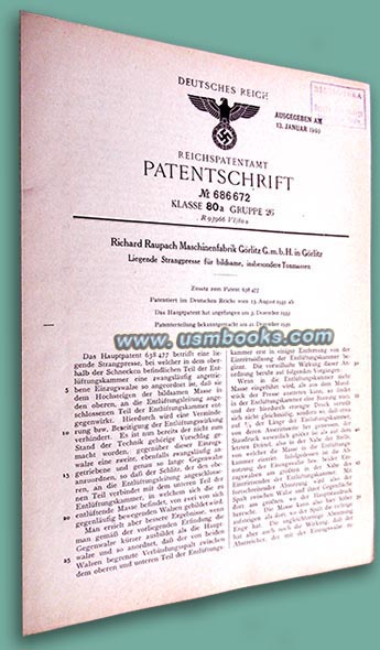 1940 Nazi Patentschift, Deutsches Reich Reichspatentamt