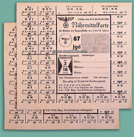 1944 Nazi ration coupons for 3 - 18 year olds