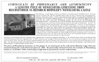 Wewelsburg Certificate of Authenticity