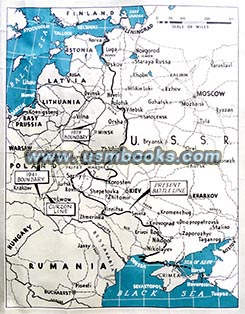 1944 battle lines along the Russian border and Rumania, German occupied Ukraine, Poland, Lithuania, Latvia, Estonia and Finland