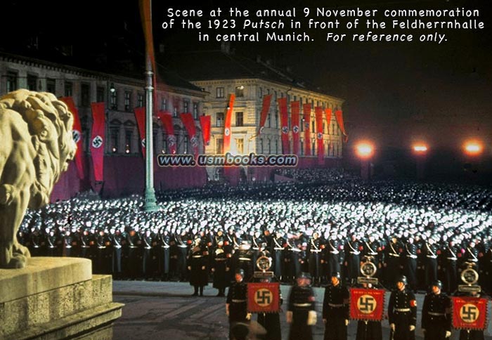 Nazi Putsch commemoration Feldherrnhalle Munich, swastika banners, Nazi Standarte