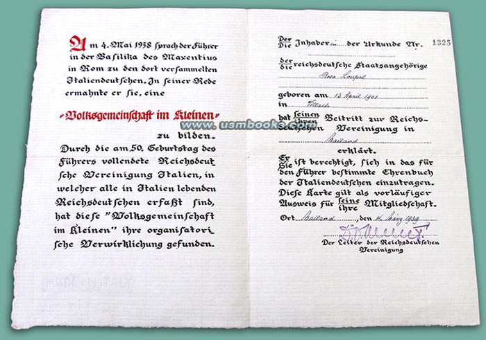 Reichsdeutschen Vereinigung Milan - Landesgruppenleiters der NSDAP/AO in Italien Erwin Ettel