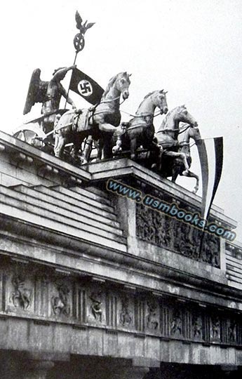 Nazi swastika flag on top of the Brandenburg Gate in Berlin