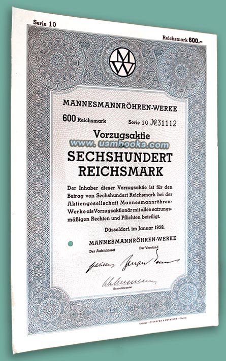 1938 MANNESMANNRHREN-WERKE VORZUGSAKTIE 600 REICHSMARKS