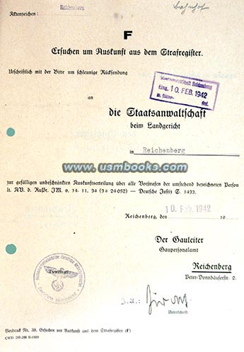 1942 Reichenberg Nazi Strafregister