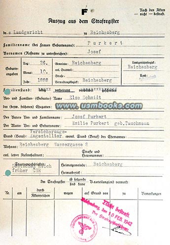 1942 Reichenberg Nazi Strafregister