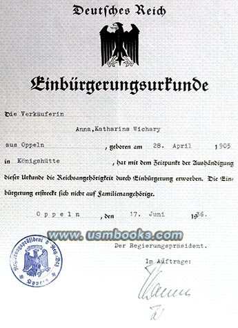 Deutsches Reich Einbürgerungsurkunde