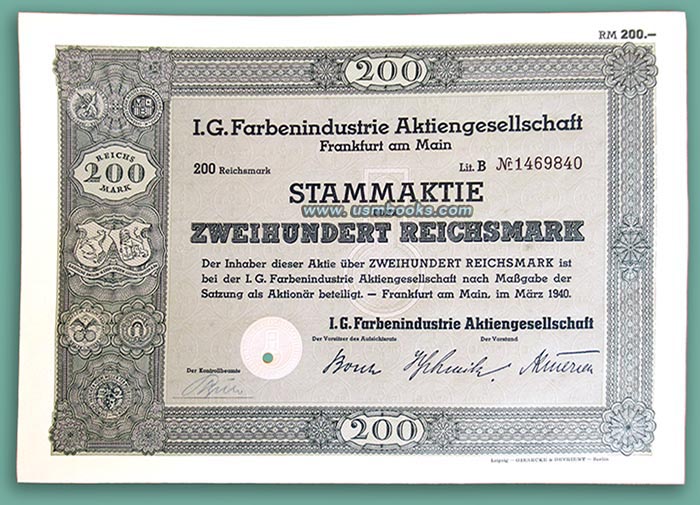 IG Farben corporate share, 200 Reichsmarks