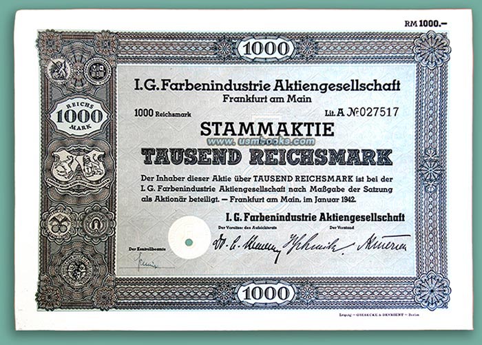 IG Farben corporate share, 1000 Reichsmarks