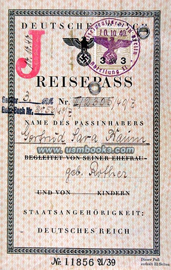 1940 Nazi passport with J, Gertrud Sara Baum