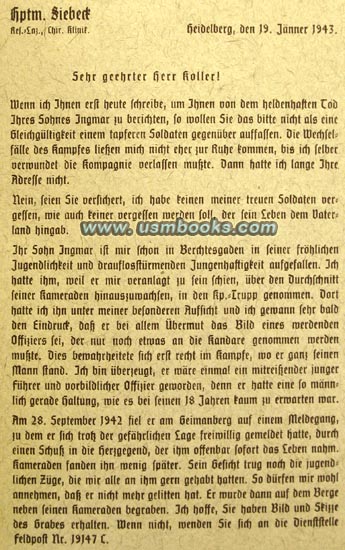 Hauptmann Siebeck wrote his family a letter about what kind of a  man and comrade Ingmar Koller was and the circumstances of his untimely death