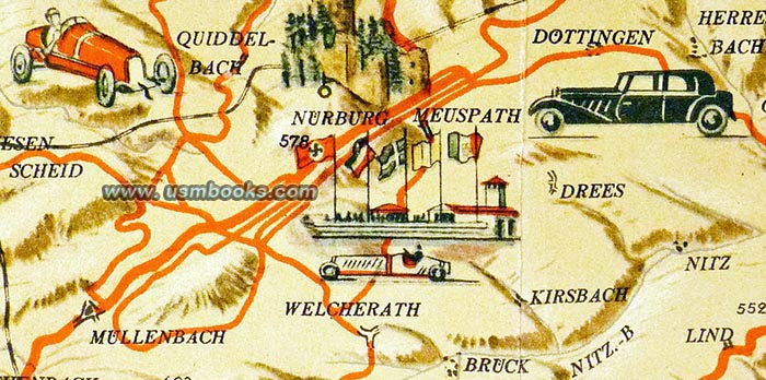 Nürburgring marked with Nazi swastika flag, Shell-Eifelkarte 1935
