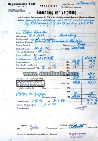 Organisation Todt Berechnung der Vergütung (compensation form) 