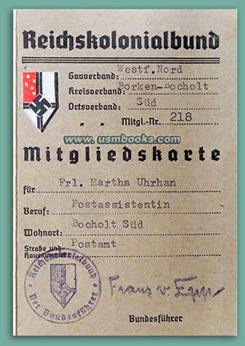 Reichskolonialbund Mitgliedskarte