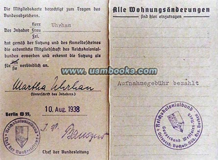 Nazi Colonial League Membership Card