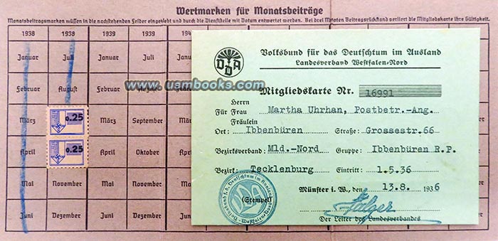 Volksbund fr das Deutschtum im Ausland Mitgliedskarte 1936
